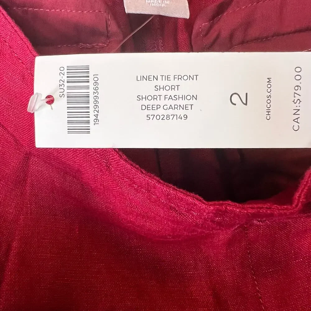 CHICO'S 100% Linen Shorts Tie-Front in Garnet Women's Size 2 = U.S. size 12